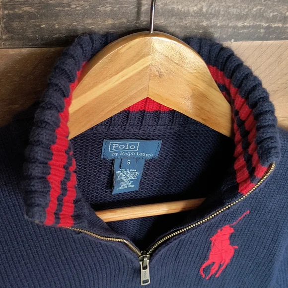 Polo Ralph Lauren Quarter Zip Pullover Knit Sweater Navy Blue Big Pony Sz 5 Boy